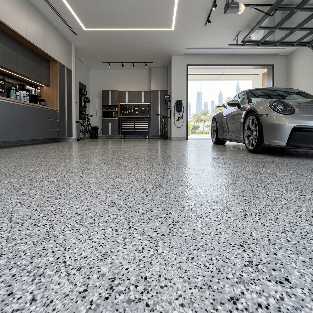 Premium epoxy flakes flooring Dubai villa interior