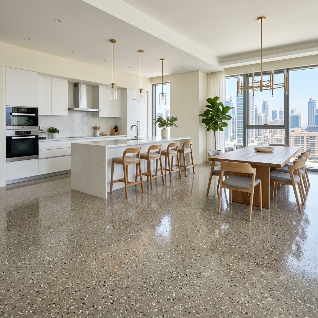 Decorative epoxy flakes flooring installation in Dubai